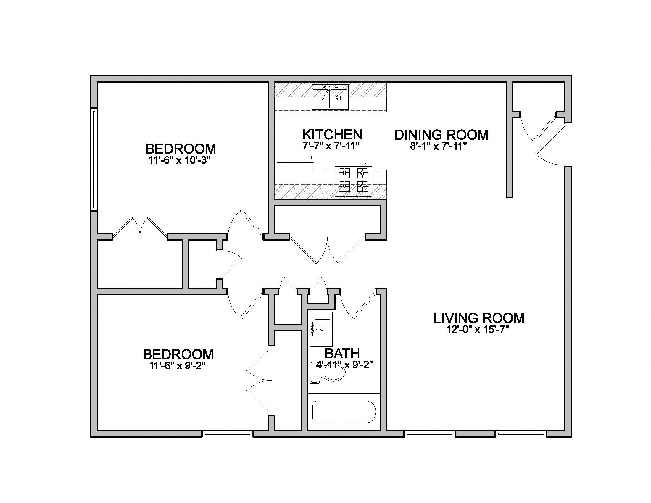 Floor plan for 2 beds, 1 bath, 900 sqft